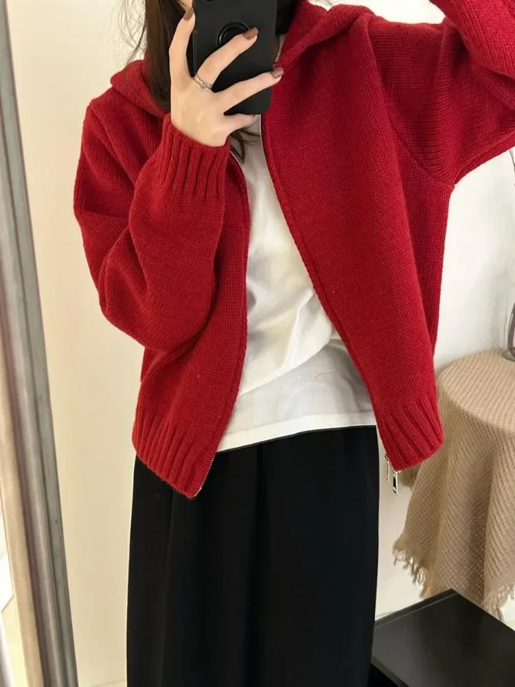 2024 Vintage New Solid Hoodes Cardigans Double Zipper Women Chic Knitwear Autumn Ladies Cashmere Jacket Elegant Sweater Grunge