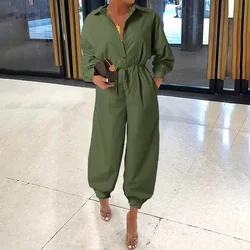 Women Long-sleeved Belt Cargo Jumpsuit 2023 Lapel Solid Color Casual Jumpsuit S-5XL New Women Retro Autumn Button Work Clothes