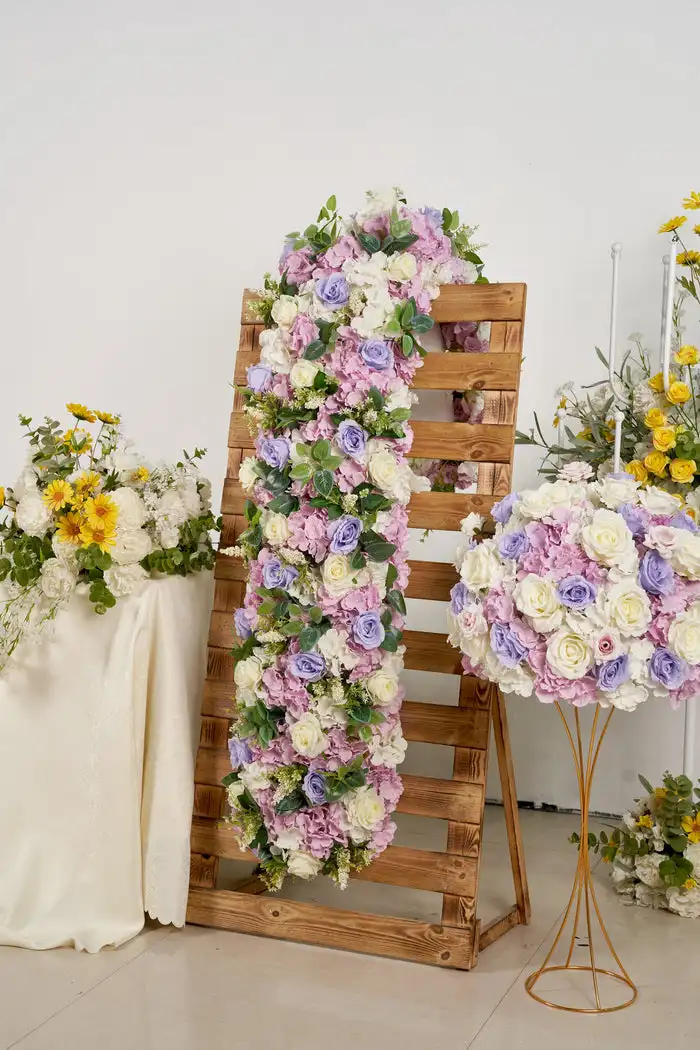 Custom series purple-white Champagne rose pink Hydrangea green leaf artificial rectangular flower row wedding event decoration