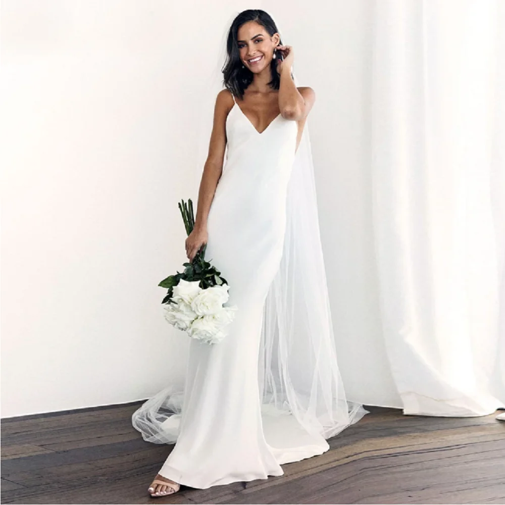 Vestido de novia personalizado con tirantes finos para mujer, vestido de novia de sirena con espalda descubierta y cuello de pico, vestidos elegantes sin mangas 2025