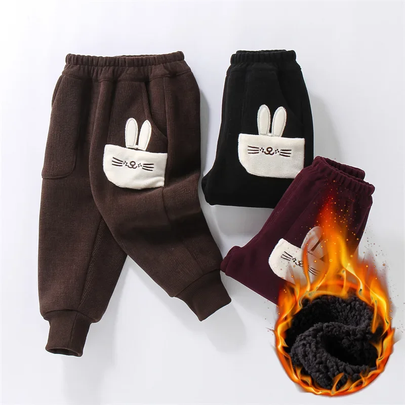 Girls autumn and winter velvet trousers children's integrated velvet pants baby rabbit embroidered thermal pants winter new