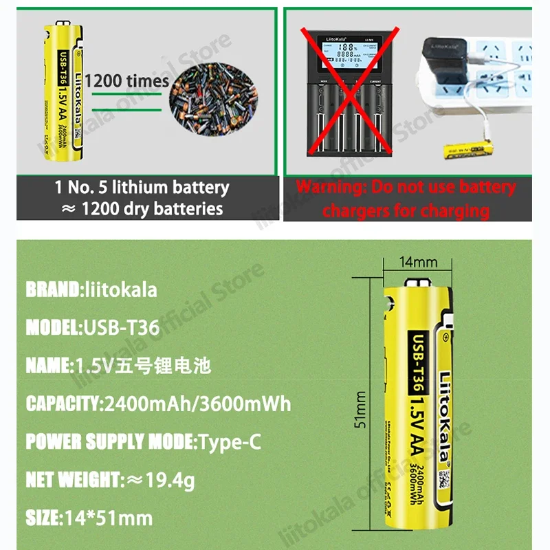 1-20pcs LiitoKala USB-T36 1.5V 3600mWh USB Lithium Battery AA Rechargeable Batteries for Camera Toys Mouse