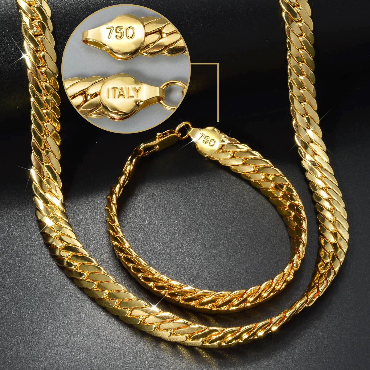 ZEADear Italy 750 Snake Chains Gold Color Necklace for Men Simple Bracelet Jewelry Sets Women Birthday Gift Party Daily Wear