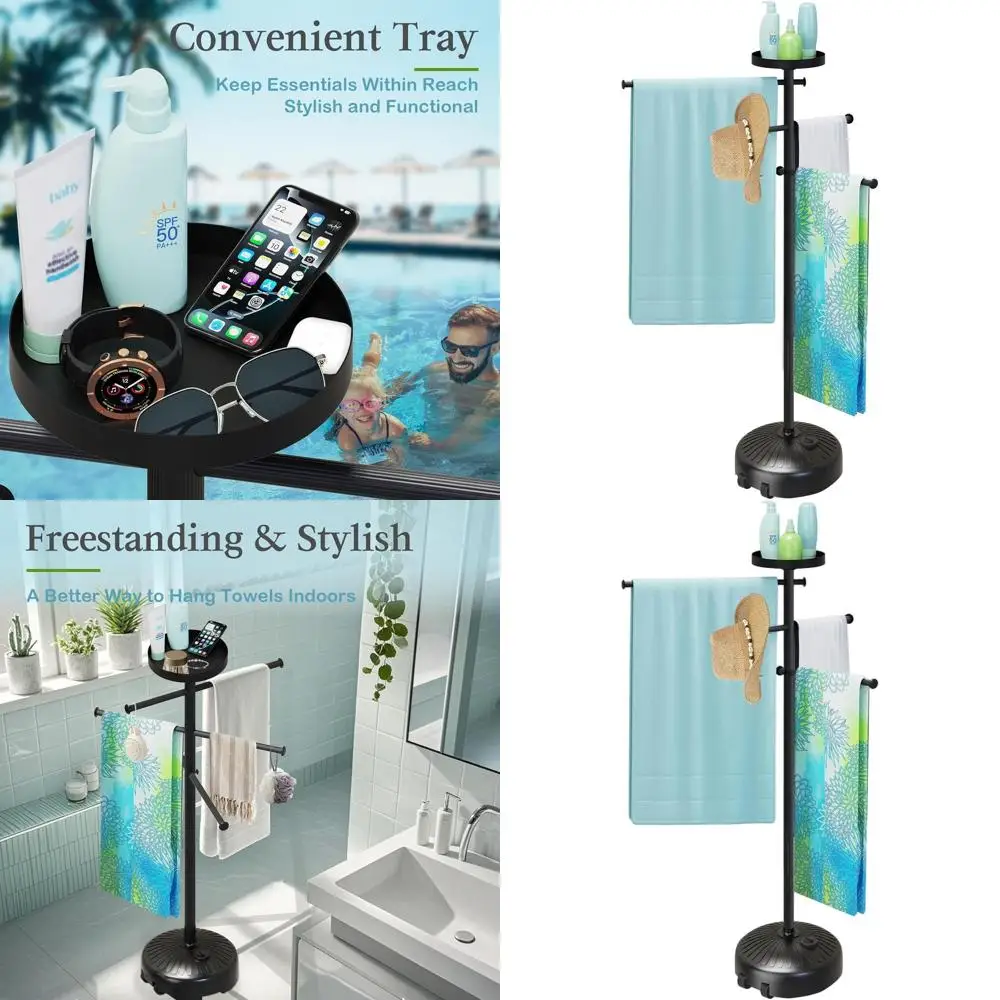 

Outdoor Adjustable Heavy-Duty Towel Rack with Built-in Tray for Poolside Storage