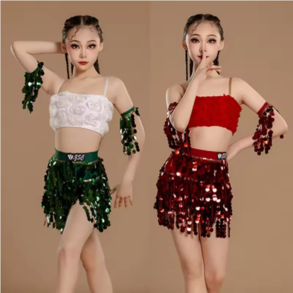 

Summer Red Latin Dance Suit 2025 Girl Performance Stage Costume Sequin Tassel Skirt Green Rumba Samba Training Dancewear yj388