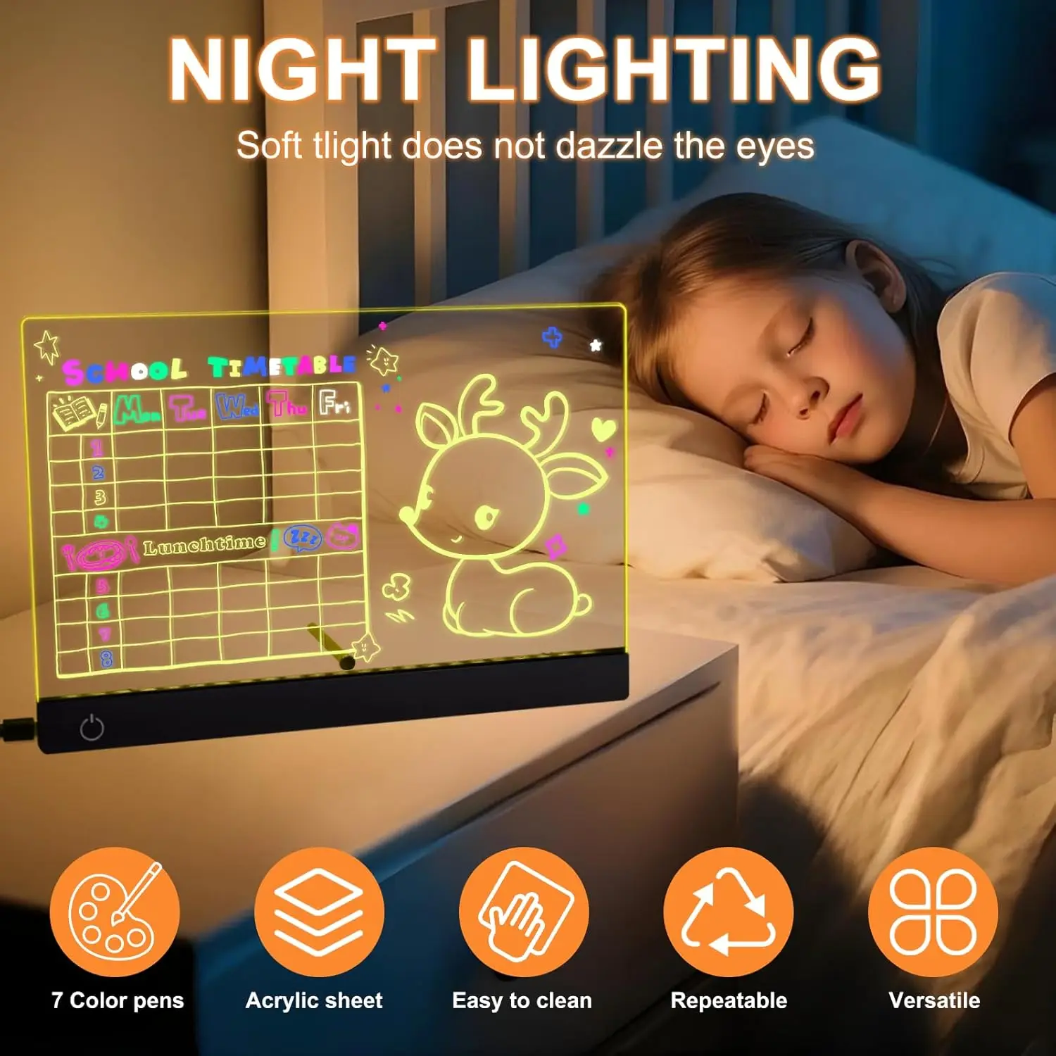 Bacheca per appunti a LED con luce notturna colorata 7 penne Bacheca in acrilico fai-da-te Tavolo da disegno per bambini Regalo di compleanno per bambini