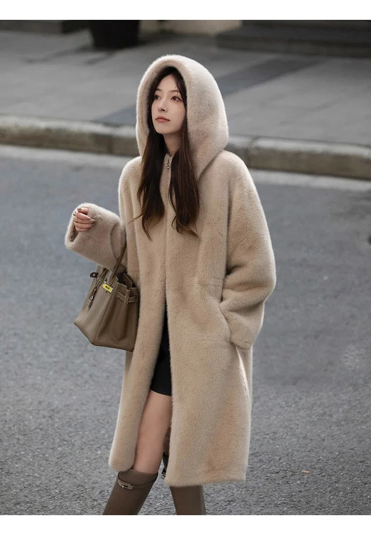 2025 ملابس نسائية عالية الجودة معطف فرو صناعي بغطاء للرأس شتاء جديد 1125