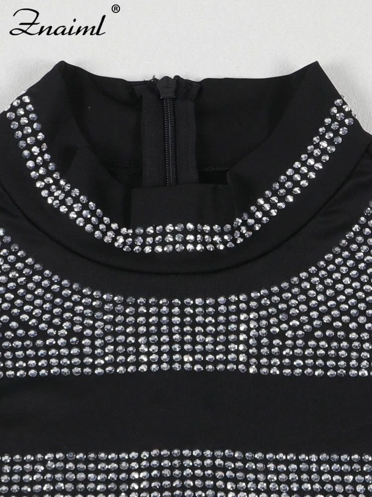 Znaiml-Vestido corto a rayas con diamantes de imitación para mujer, prenda de lujo de manga larga con cuello redondo, minivestido ajustado para fiesta de cumpleaños y graduación, y2k