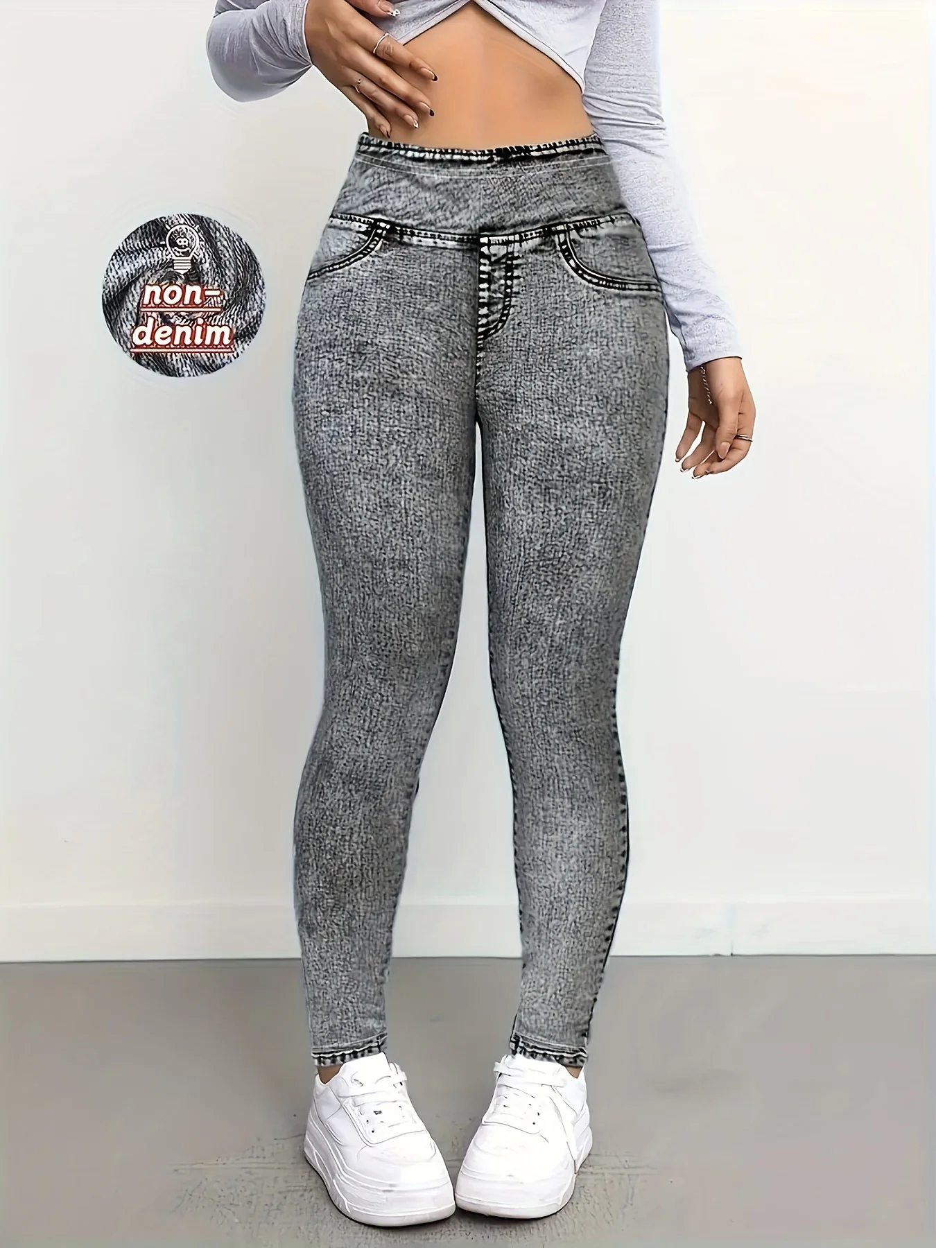 Women Printed Leggings Not Denim Fabric, Fake Pocket & Button Print Design Pants, High Elastic Fashion Slim Fit Skinny Casual