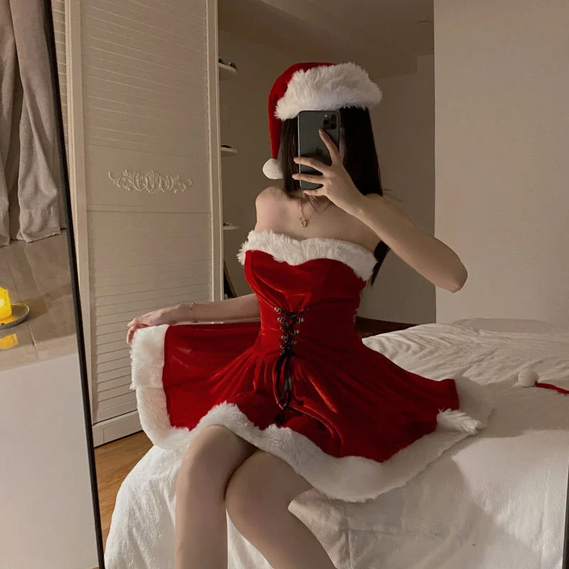 Kawaii Cloak Cosplay Santa Claus Cute Autumn And Winter Christmas Red Shawl Dress Women's Holiday Costume Party Dressing Women