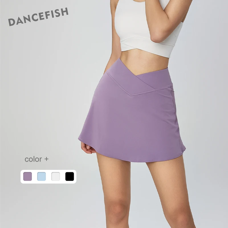 

DANCEFISH Women Ice Mint Summer Fake Two-piece Sports Skirt Stretch Cross Waist Inside Pocket Yoga Fitness Tennis Skirt