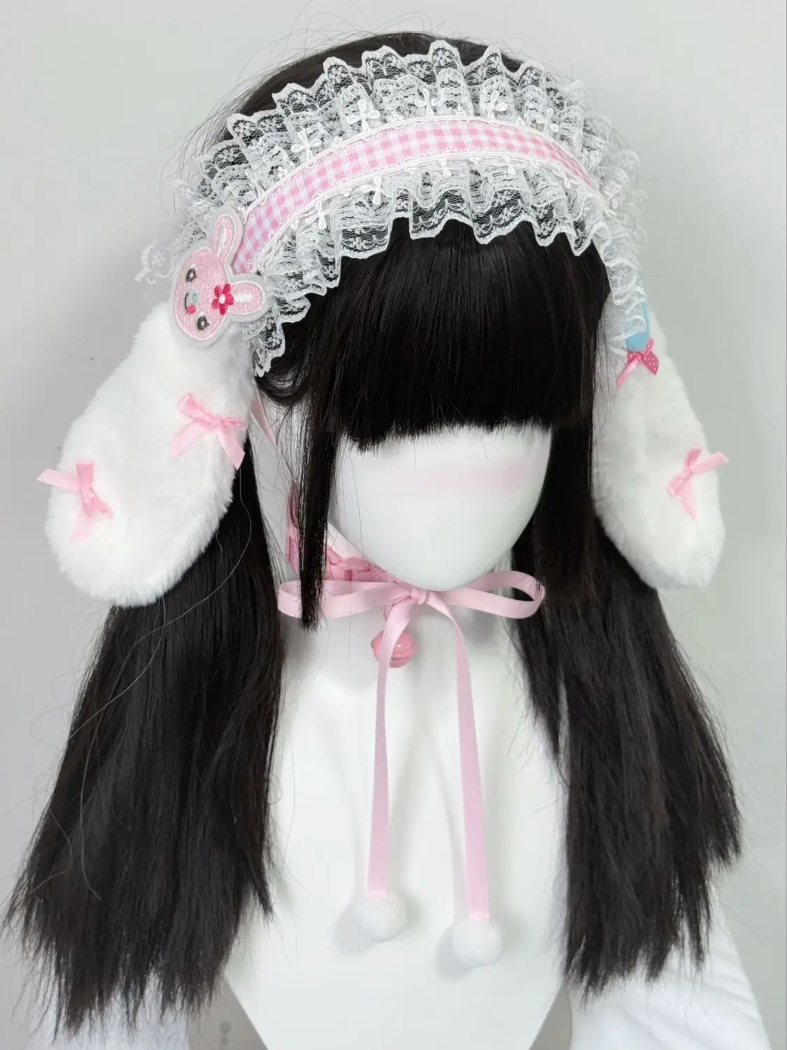 

Japanese Cartoon Mp Lace Bow Cute Pink Plaid Rabbit Ear Headband Daughter Clothing Jojifuku Y2k Hair Accessories