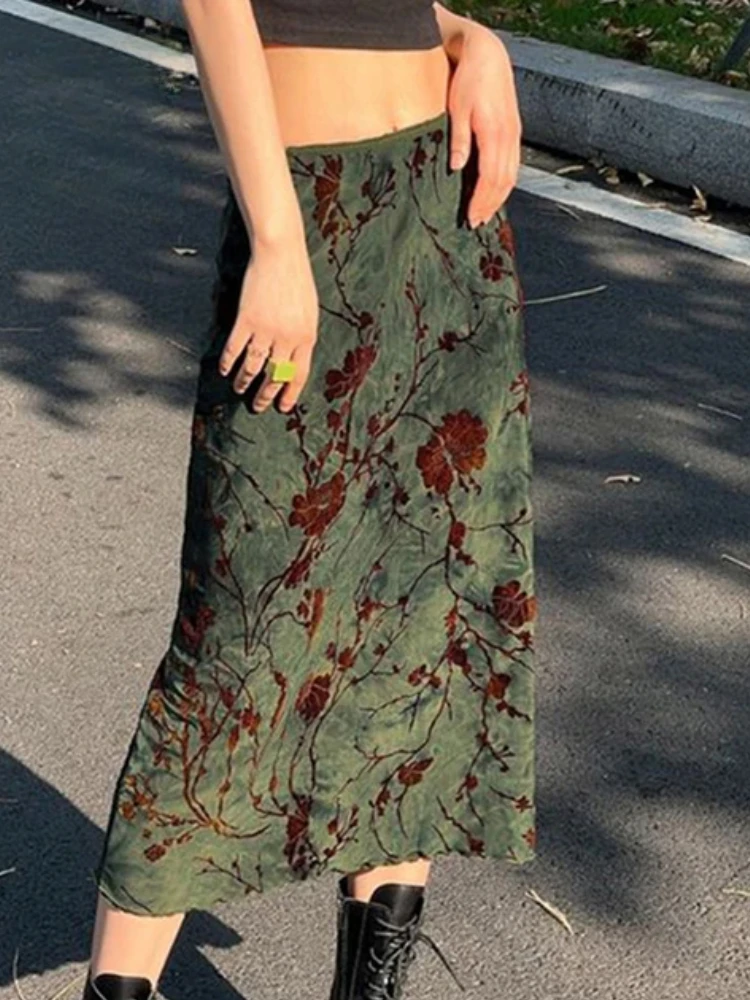 

French Vintage Women Beach Party Floral Print Long Skirt Elegant Low Rise Straight Midi Skirts Women Spring Summer Skirt Y2k