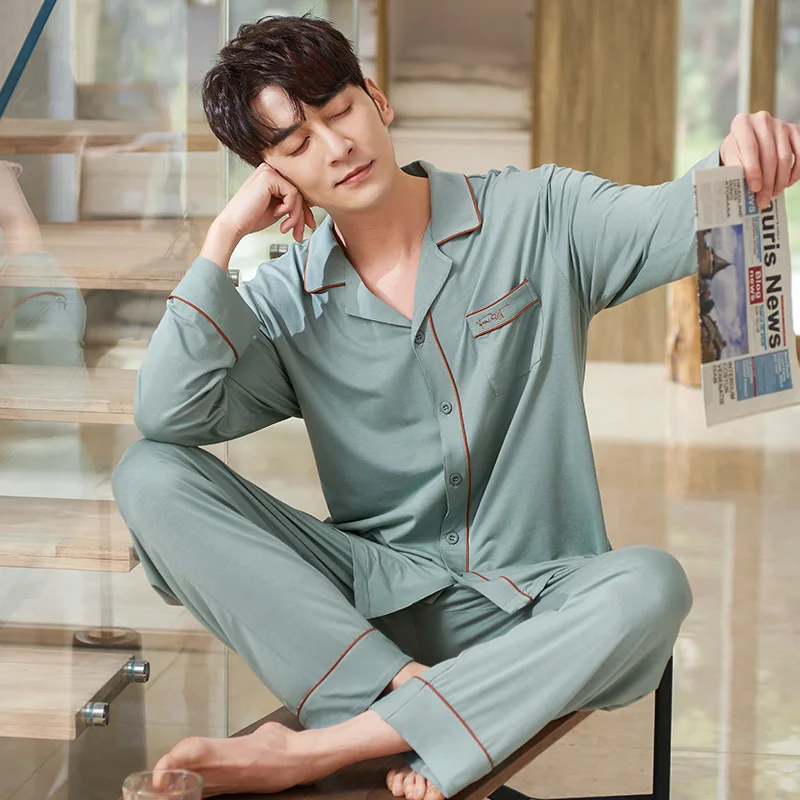 Men Pyjamas Set Modal Spring Autumn Long Sleeve Solid Color Men Pajama Suit Nightwear Lapel Collar Pijama Male Sleepwear 3XL