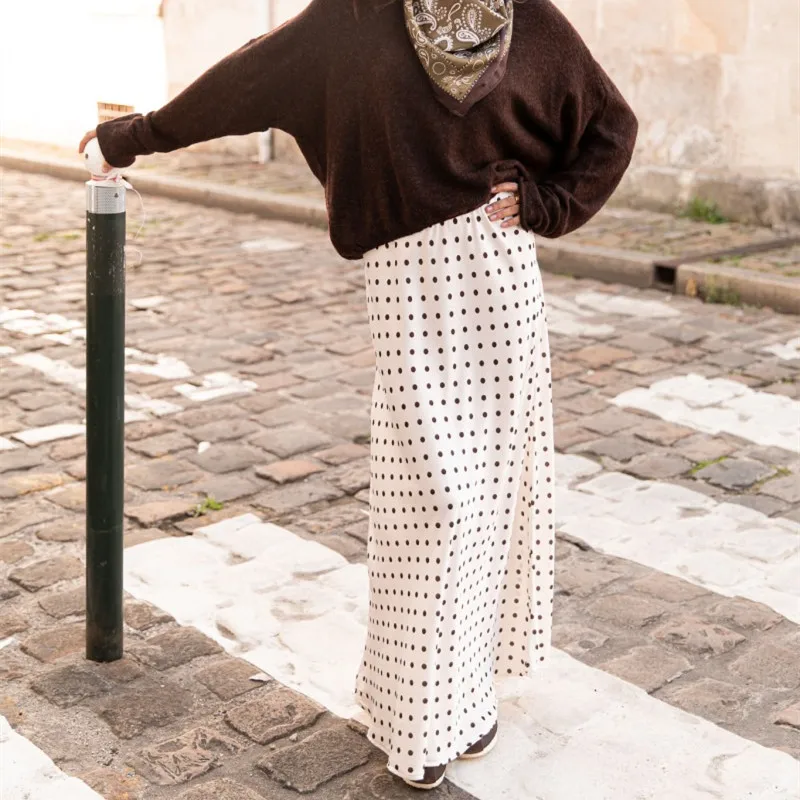 Femmes été élégant soyeux Y2k Vintage à pois imprimé pure dentelle florale garniture ourlet Patchwork Satin soie a-ligne jupes longues