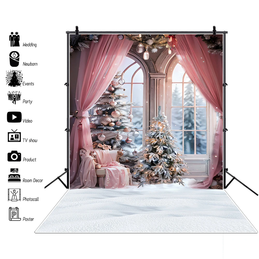 Winter Christmas Window Snow Photo Backdrop Pink Curtain Interior Xmas Tree Gift New Year Party Decor Photography Background