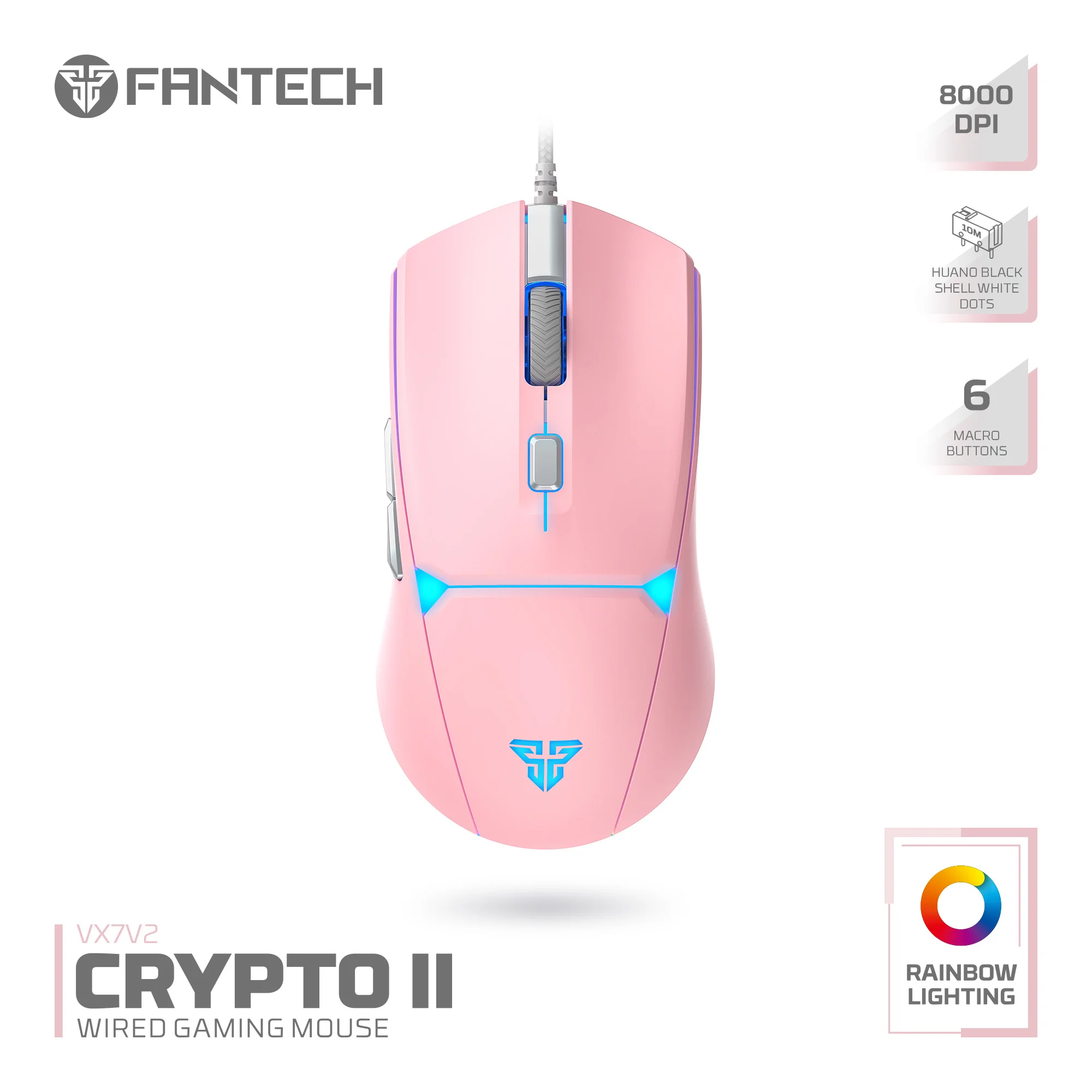 

Игровая мышь FANTECH CRYPOT II VX7v2 проводная, с покрытием против потения, 8000 DPI, RGB, с макросами, оптическая, с переключателями Huano, для ПК