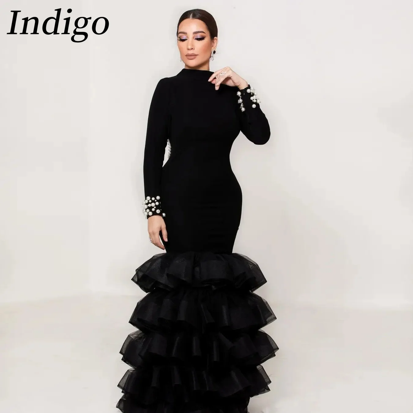 Indigo-vestido de fiesta con cuello alto para mujer, traje Sexy con perlas escalonadas, Espalda descubierta, Formal, 2024