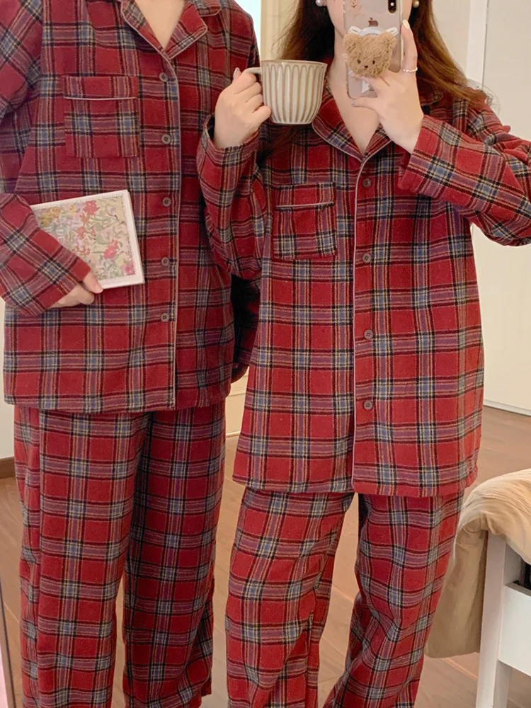 New Plaid Lazy Lovers Christmas Winter Quilted Thicken Long Sleeve Pajama Set Women Loose Simple Casual Vintage Sleep Tops Ins