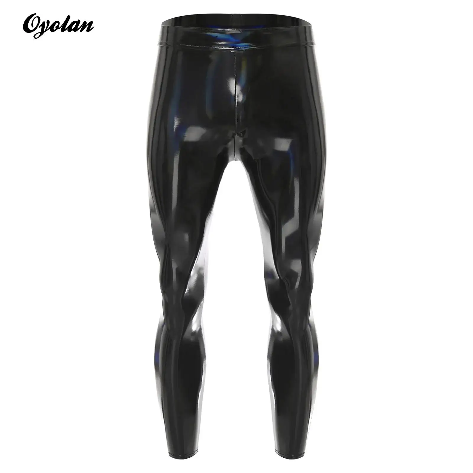 

Mens Oil-shiny Stretchy PU Leather Tight Pants Motor Biker Clubwear Costume Elastic Waistband Leggings Trousers Wet Look Pants