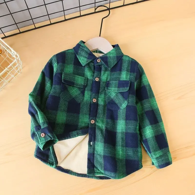 

Boys' Fleece Plaid Polo Shirts Baby Thick Warm Long Sleeves Tops Pure Cotton Coat Fashion Korean Style Children's Clothes