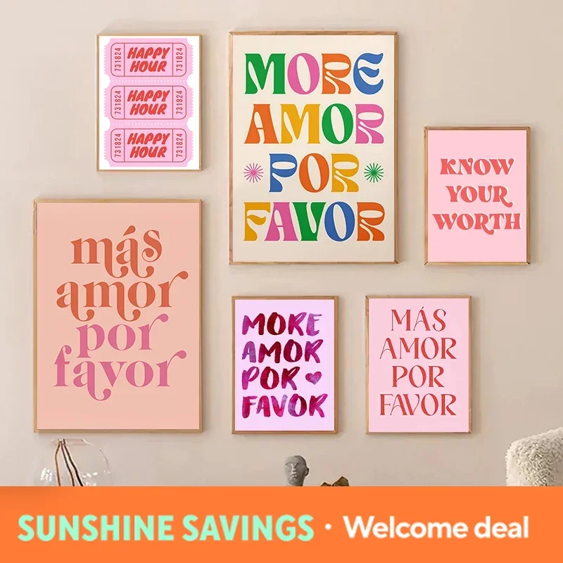Modern More Mas Amor Por Favor Spanish Quote Canvas Prints Poster Print Pink Painting Bedroom Picture Decoration Cuadro No Fr