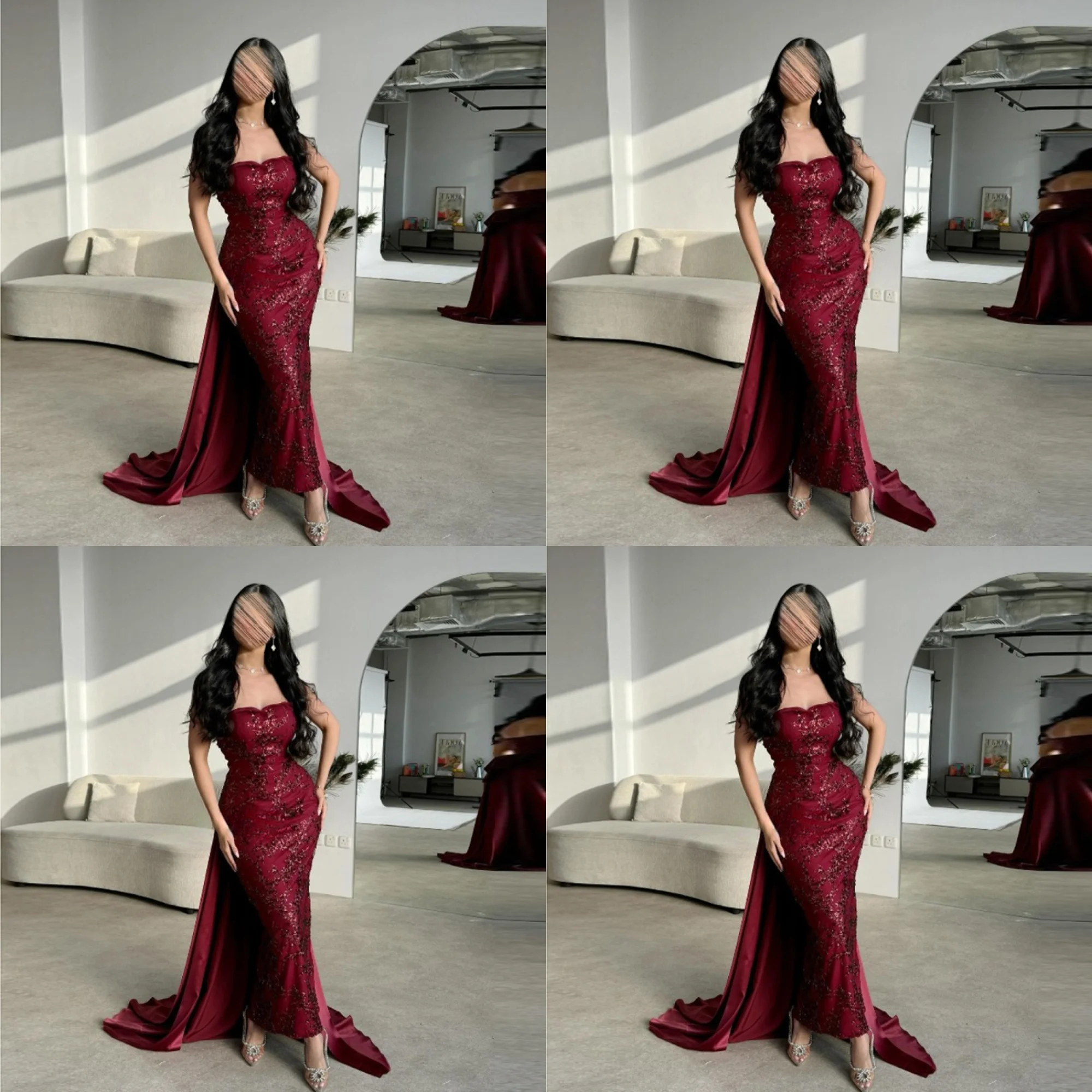 

Custom Boat Collar Satin Floral Sequins Lace Sheath Backless Evening Gown Ankle Length Backless Saudi Dress with Sweep Train