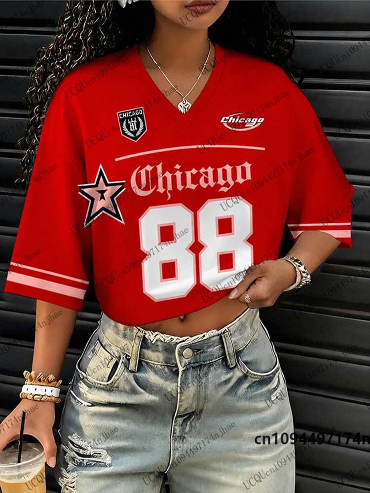 Summer New Chicago No.88 Print T-Shirt For Women Patchwork Short Sleeve Sexy Crop Top Football Jersey Y2k V-neck Tees Casual Top
