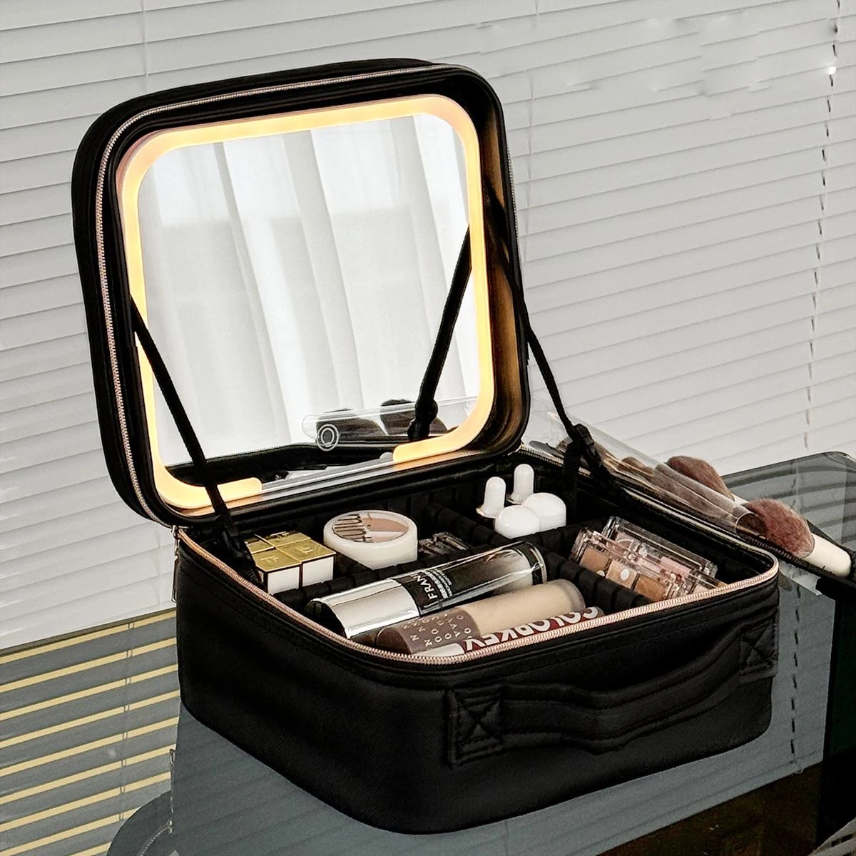 Borsa per il trucco da viaggio con specchio illuminato e 3 impostazioni di colore Custodia cosmetica ricaricabile per strumenti e accessori di