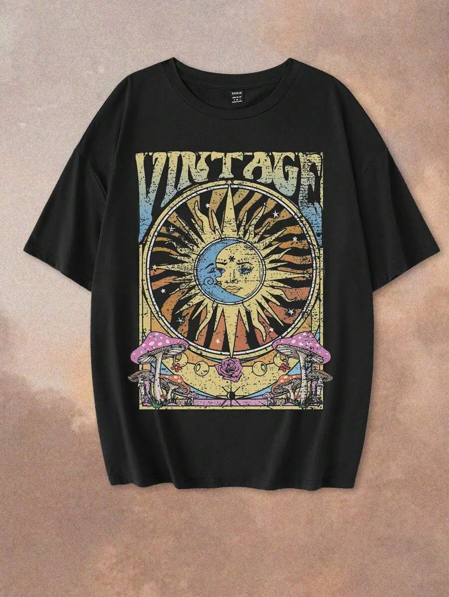 

Футболка размера плюс «Винтаж Солнце — Луна и Грибы», повседневный топ унисекс