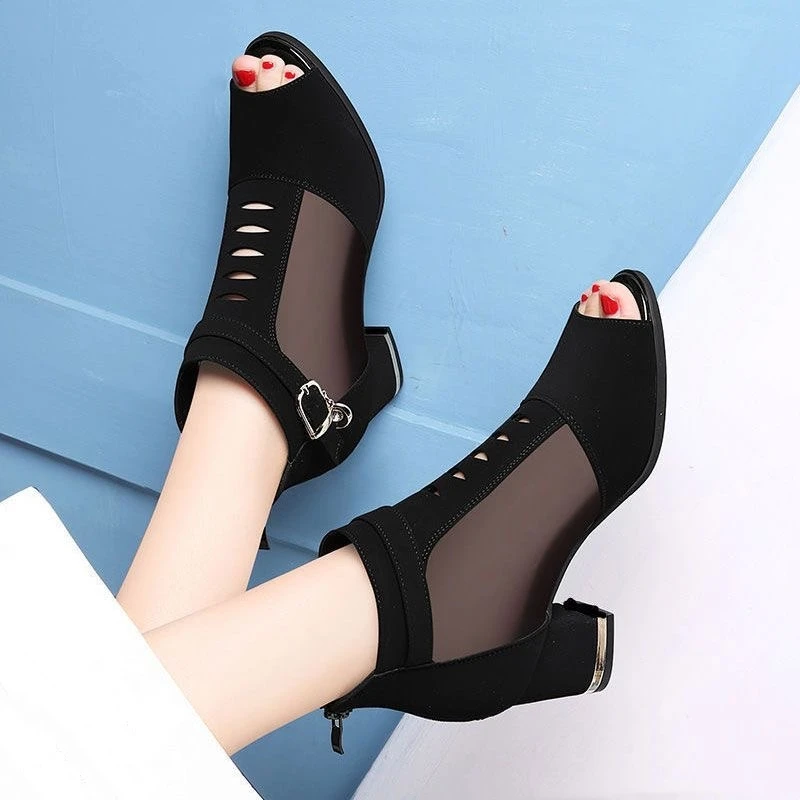 Summer Breathable Mesh High Heel Boots Sandals Comfortable Thick Heel Open Toe Women\'s Shoes Fashion Back Zipper Low Heel Boots