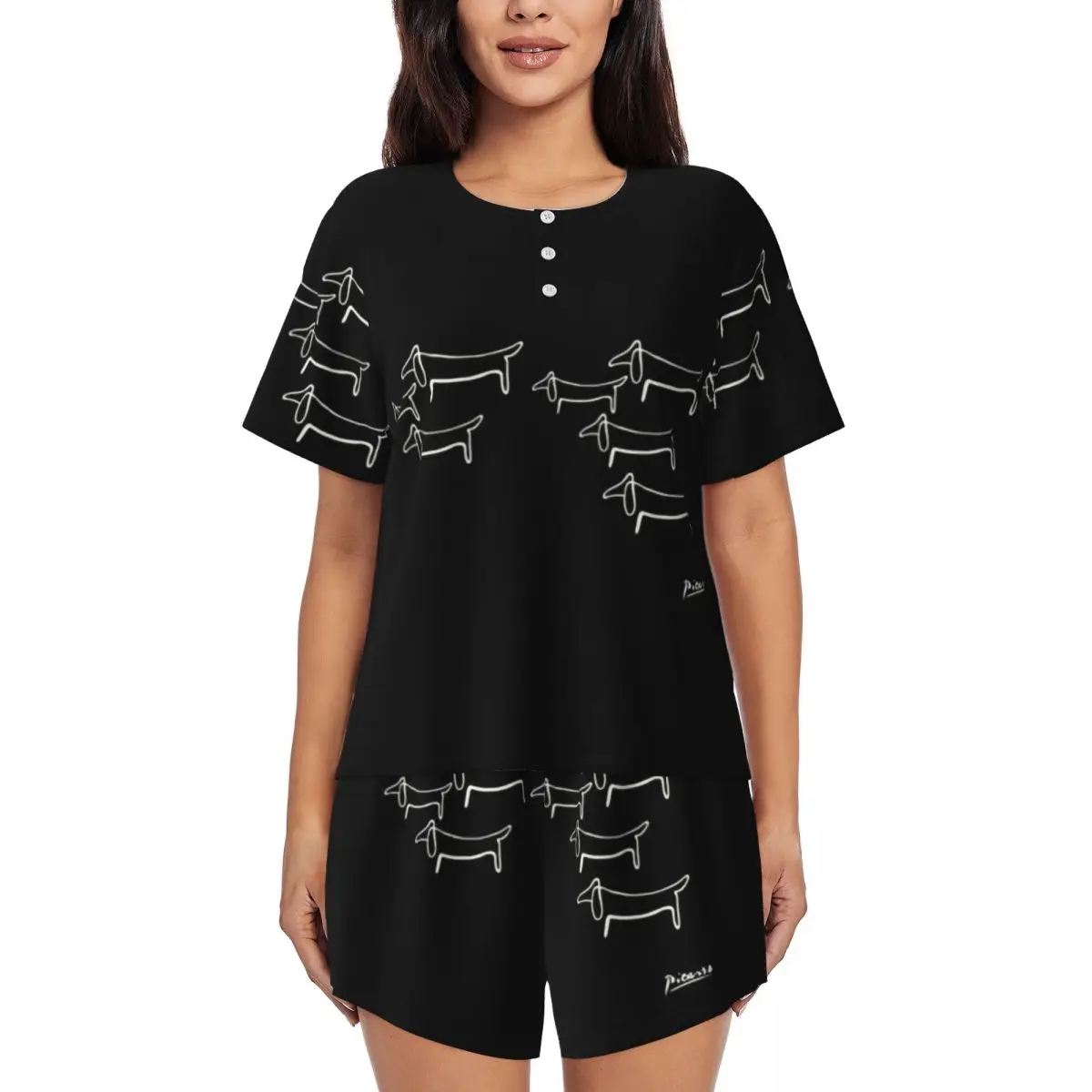 

Custom Pablo Picasso Line Art Dachshund Pajama Sets Womens 2 Piece Wild Wiener Dog Short Sleeve Pjs Shorts Sleepwear