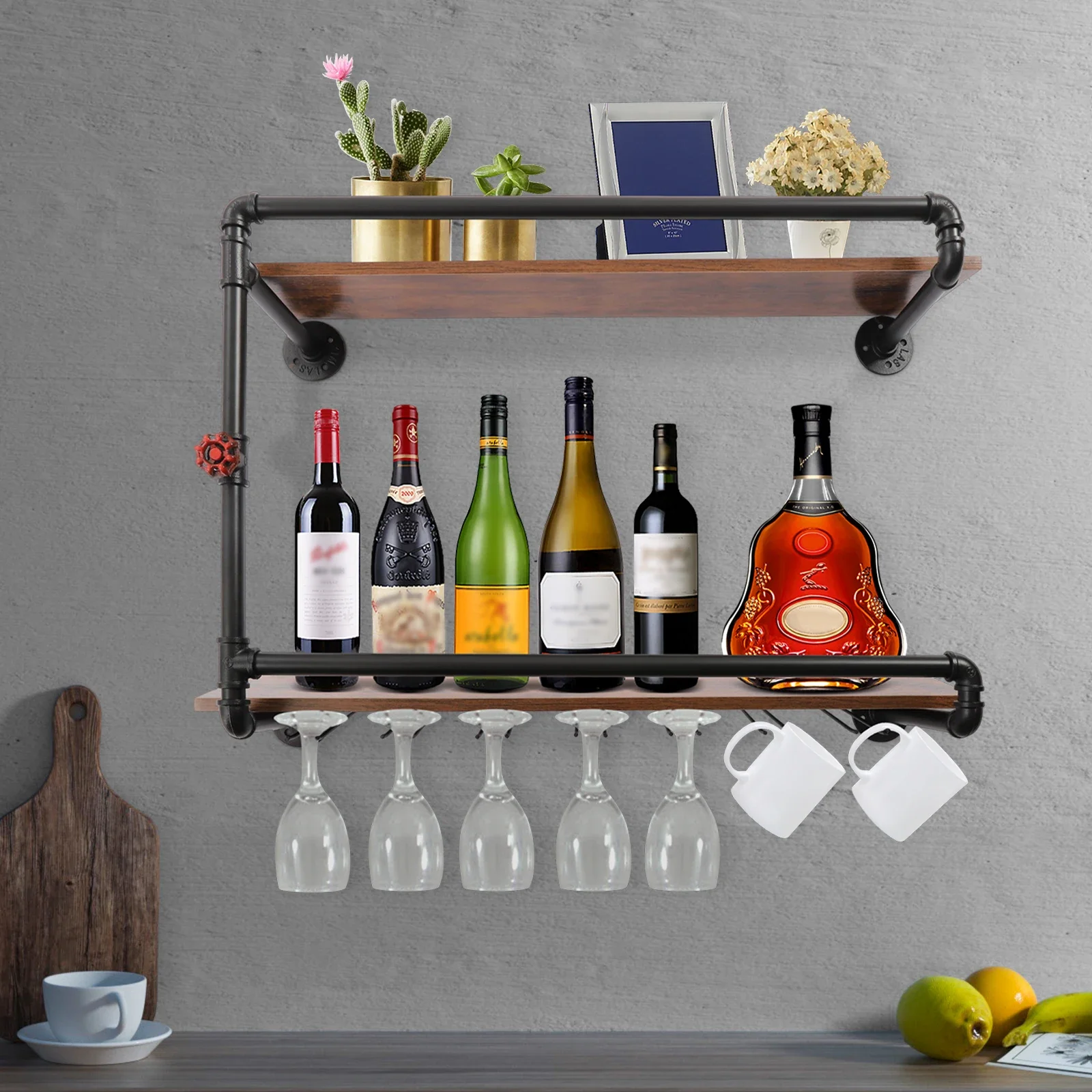 

Vintage Floating 2-Tier Wine Rack – Wall Mounted Bar Glass Hanging Shelves for Home
