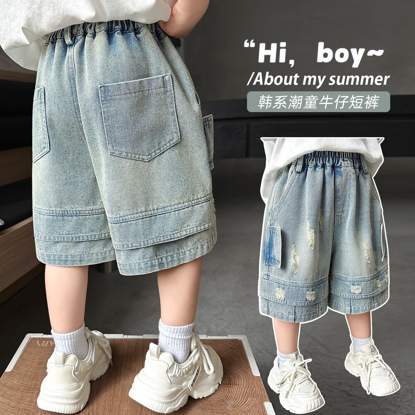 Baby Boys Knee-Length Casual Fashion Patchwork Jeans Shorts Blue Vintage Denim with Hole Design for Little Children Ages 2-9 Y