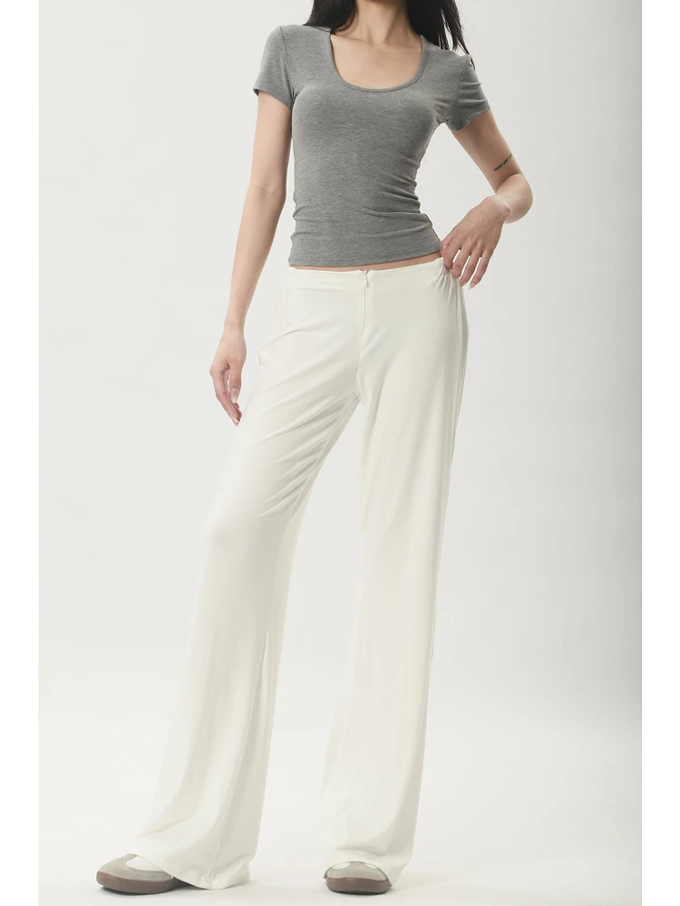 슬림 와이드 레그 팬츠 편안한 V 허리 지퍼 캐주얼 홈 요가 팬츠 여성용 봄 코튼 스트레이트 레그 바지