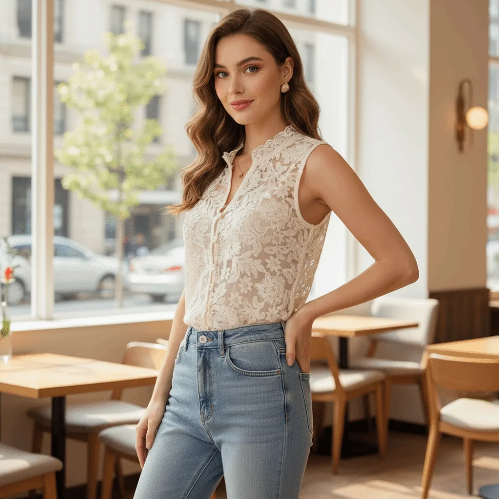 Sweet V-neck Floral Mesh Shirt Button Front Elegant Lace Tank Top Sleeveless Transparent Lace Vest Casual Occasions