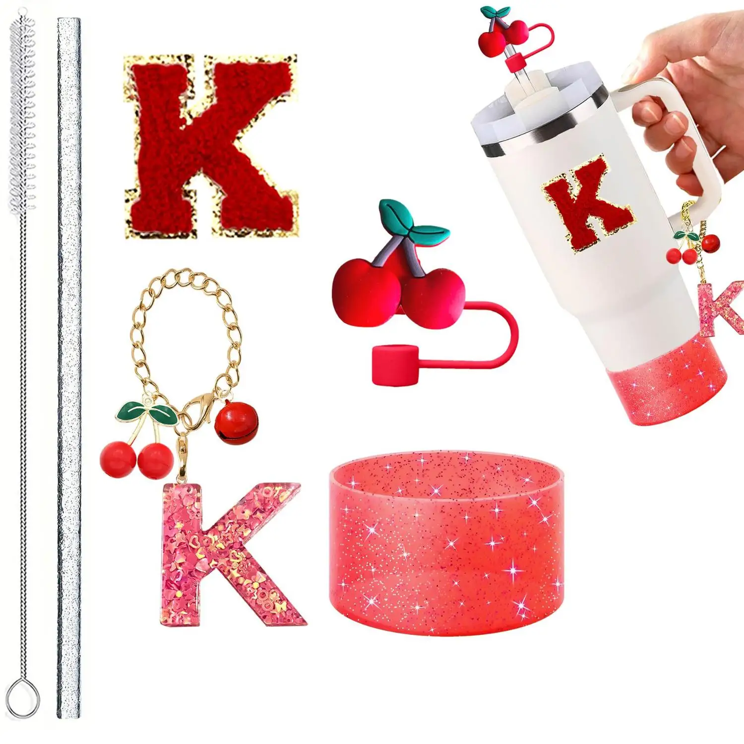 Adorno de cereza con letras para decoración Stanley, pegatina engomable en inglés, cepillo para pajitas, cadena para vasos, topper de cereza con purpurina para pajitas de vasos de bebidas