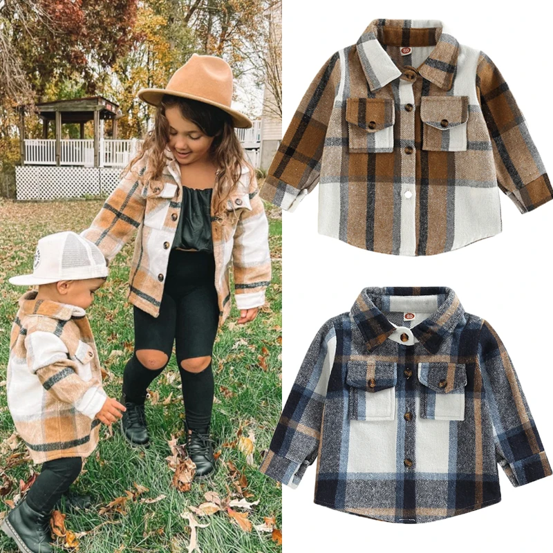 Spring Autumn Kids Baby Plaid Shirts Jackets Fashion Casual Lapel Long Sleeve Loose Cardigan Winter Jacket Coat for Boys Girls