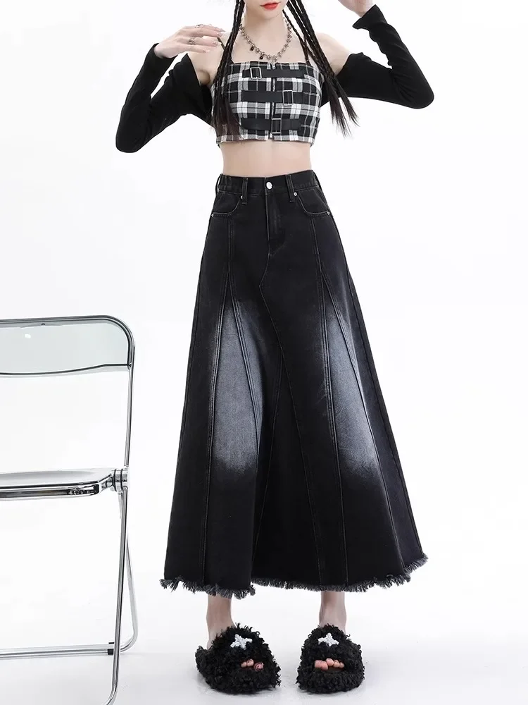 Denim Skirts Women Autumn New High Waist Slim Casual Mid-length Raw Edge Design Temperament OL Streetwear Aesthetic Prevalent