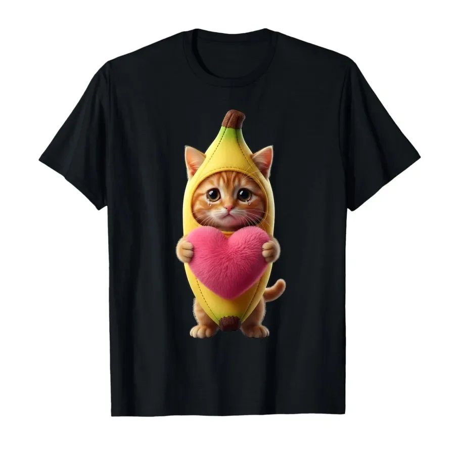 

Cute Cat Banana Heart Hilarious Sarcastic Brainrot Meme T-shirt For Men Women 100% Cotton T Shirts Short Sleeve Tops 0410-1