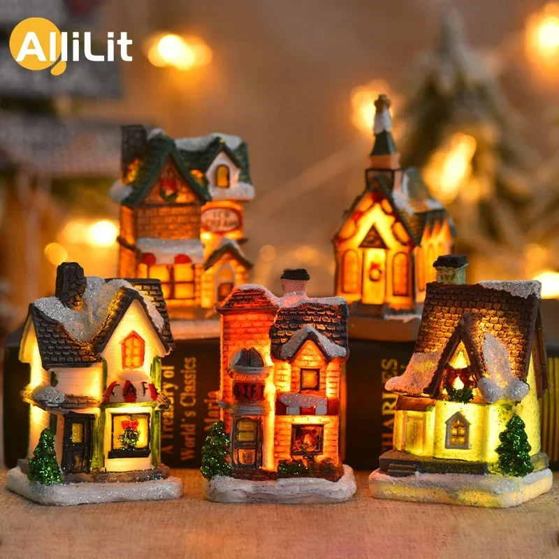 Decoración navideña de Año Nuevo 2025, luz nocturna LED luminosa, escultura de casa de nieve, artesanías de resina para el hogar, regalo de Navidad para niños