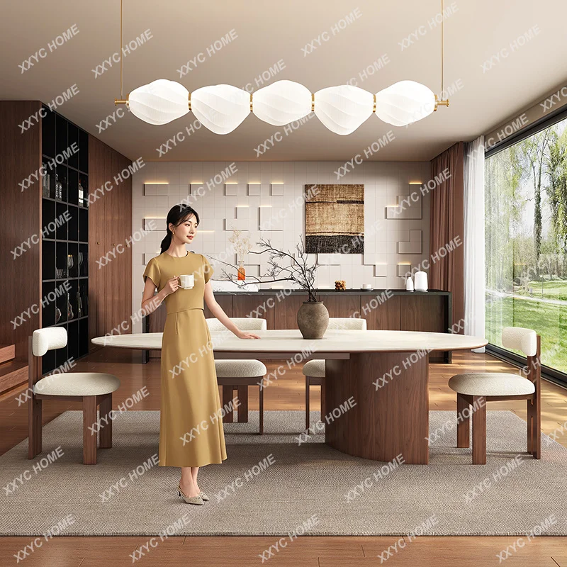 HH Beige Travertine Teardrop Table, Wabi-Sabi Mid-Century Dining Table with Walnut Base, Scratch & Stain Resistant, Customizab