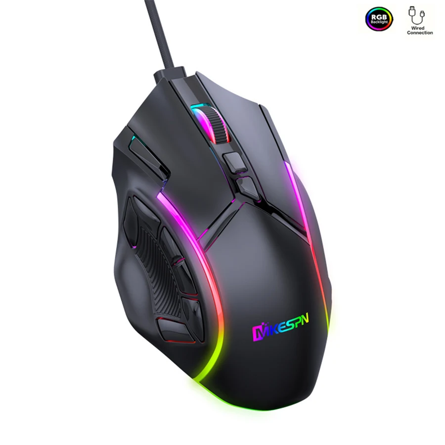 프로그래밍 가능한 버튼이 있는 RGB 백라이트 인체공학적 USB 유선 게임 마우스, PC/노트북/데스크탑용 12800DPI 조정 가능한 유선 게임용 마우스