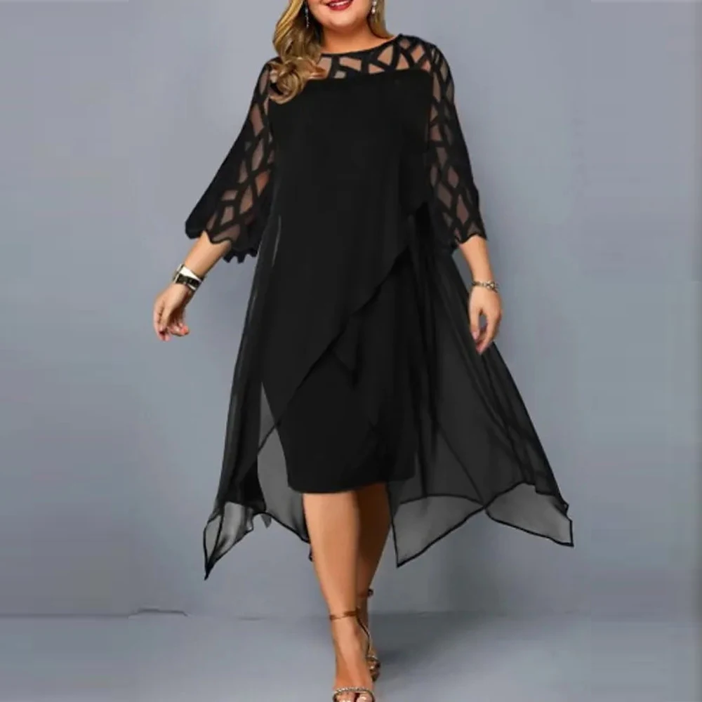 Plus Size Dresses 2023 4XL 5XL Elegant Chiffon Lace Mesh O Neck Midi Party Dress Wedding Loose Women\'s Clothing Clubwear