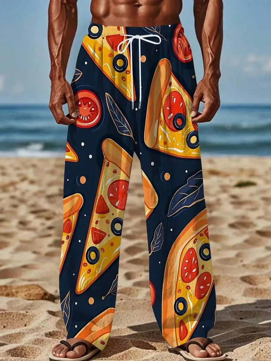 Mens Casual Loose Drawstring Beach Pants With 3D Pizza Print