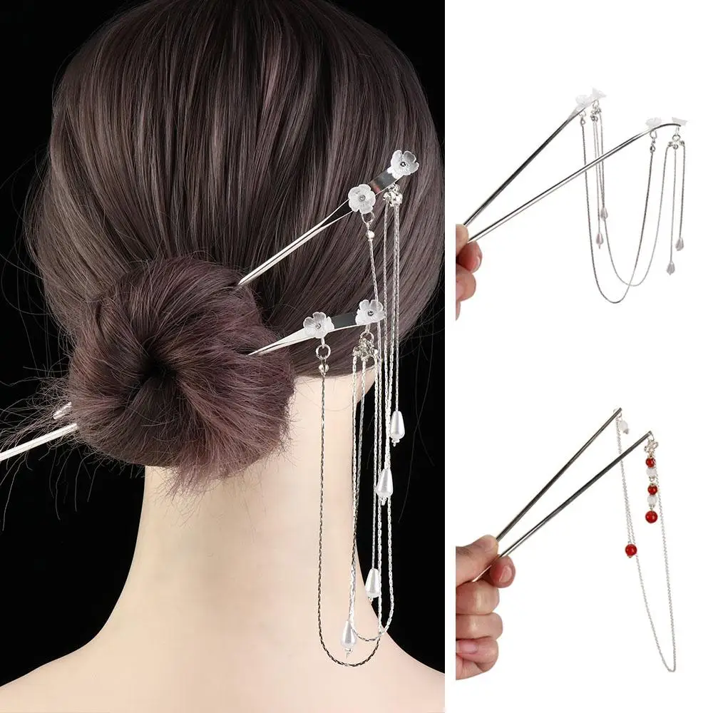 

Pearls Headwear Hair Clip For Men Ponytail Holder Chinese Style Hairpins Hair Fork Double Tassel Hair Stick Hair Accessories
