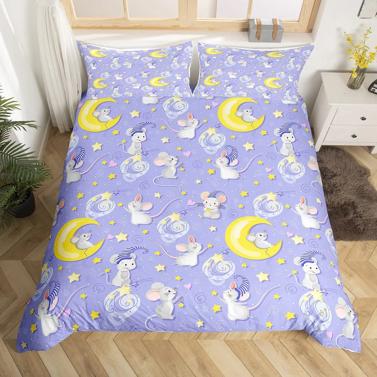 Grey Cartoon Rats Duvet Cover King Queen Stars Moon Bedding Set Kids Cute Animal Mouse Comforter Cover Starry Sky Quilt Cover