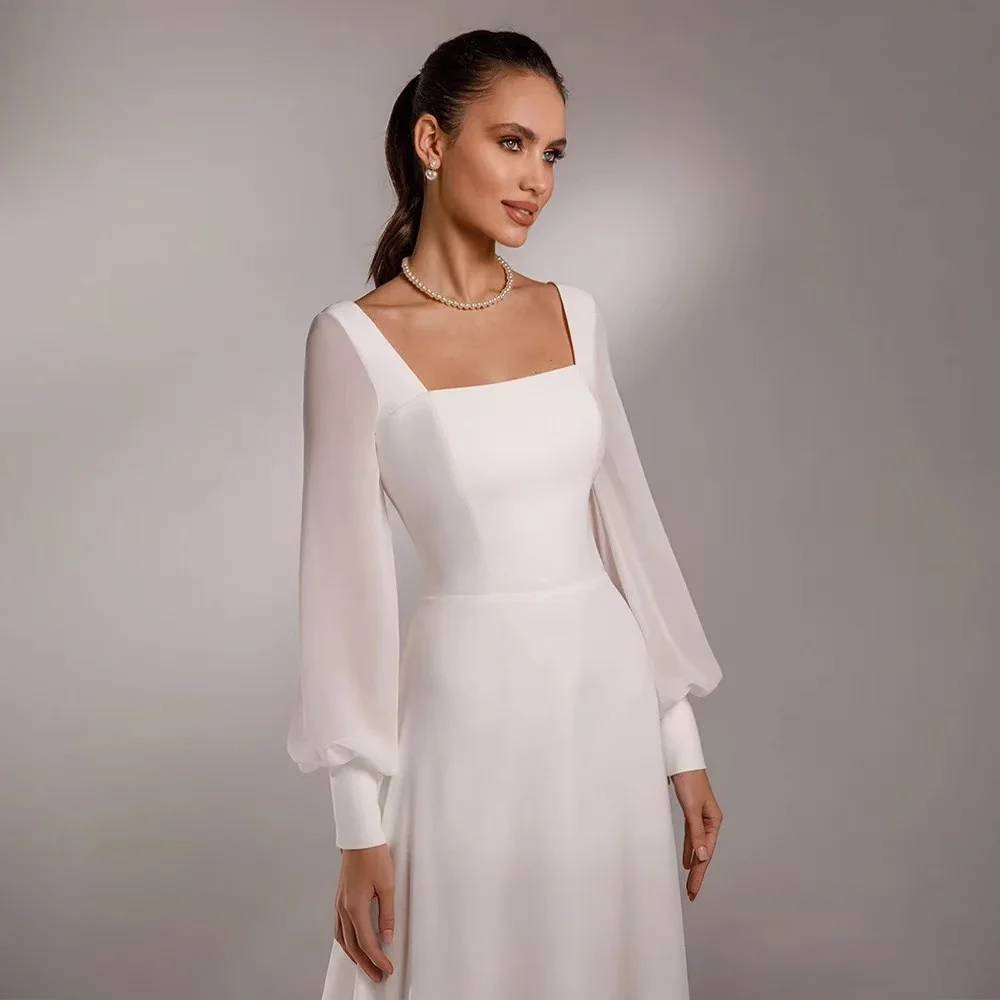 

White Wedding Dresses Puff Sleeves Classic Square Neck Floor Length High Quality Party Delicate Bridal Gowns Vestidos De Novia