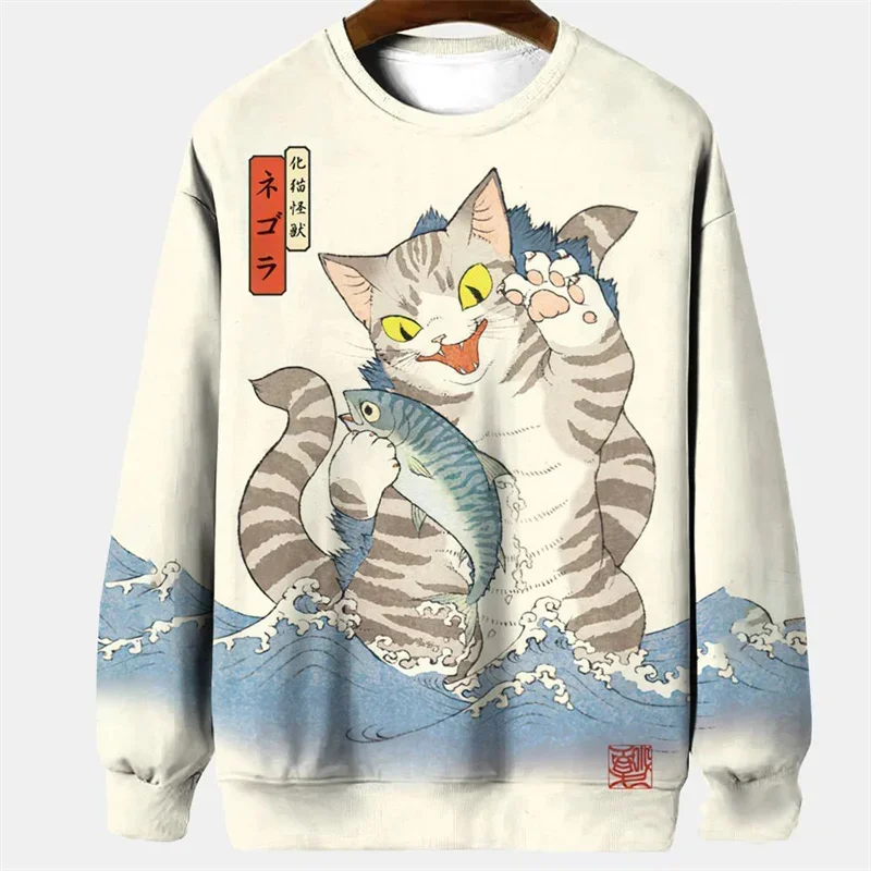 Japanese cat pattern men\'s hoodie retro animal 3D print sweatshirt casual long sleeve round neck hoodie pullover loose street je