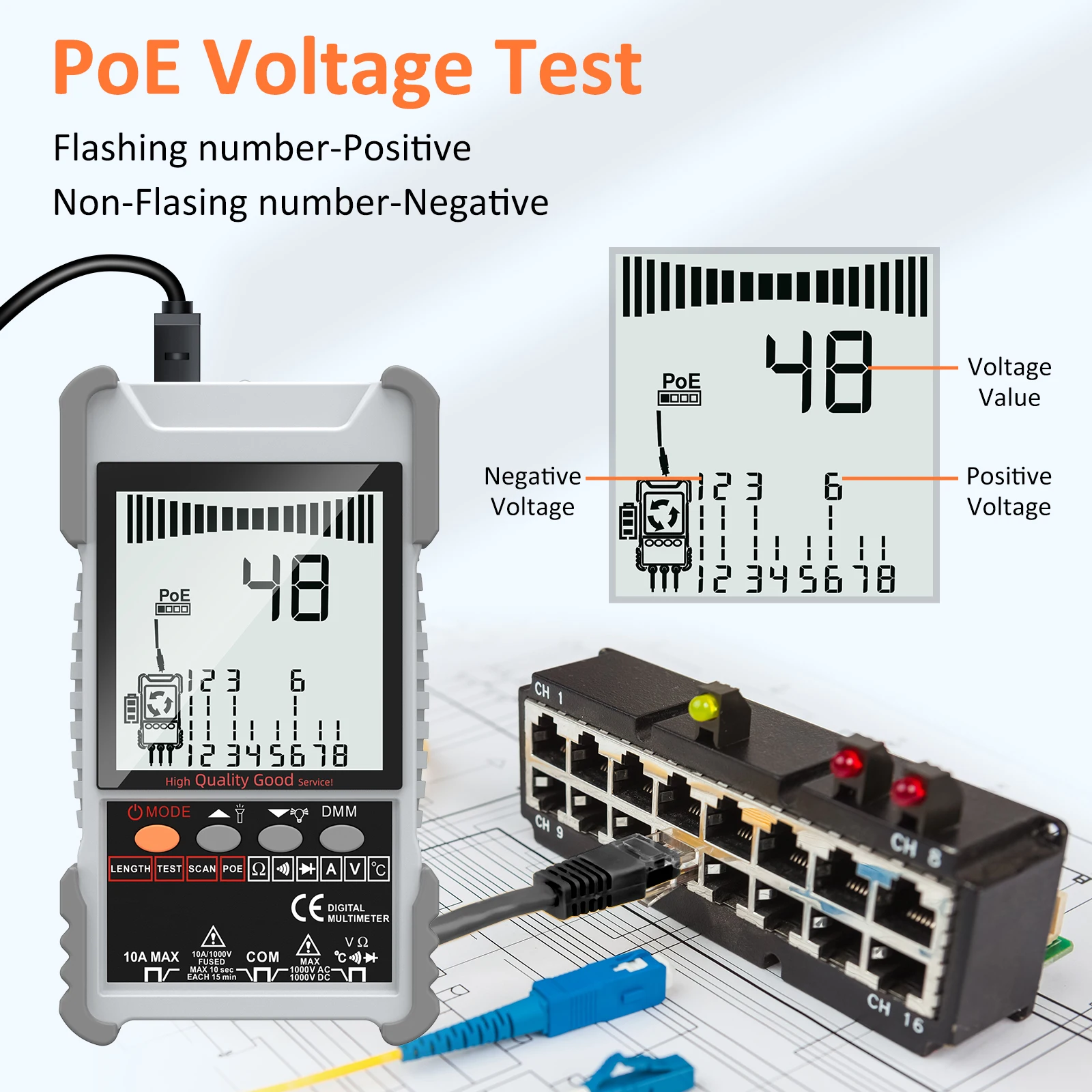 Testeur de câble réseau intelligent LCD et multimètre numérique, testeur de câble Ethernet multifonctionnel, testeur de tension PoE, port flash